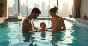 Parents holding a baby during a private swim lesson in an indoor pool with New York skyline view
